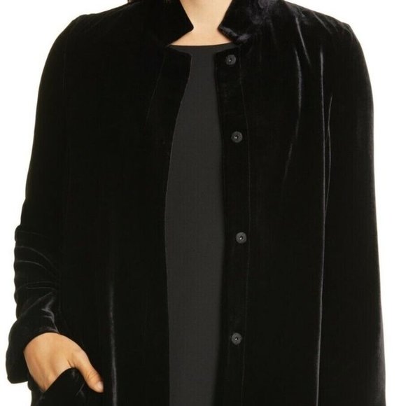 NWT Eileen Fisher Black Velvet Stand Collar Long Jacket